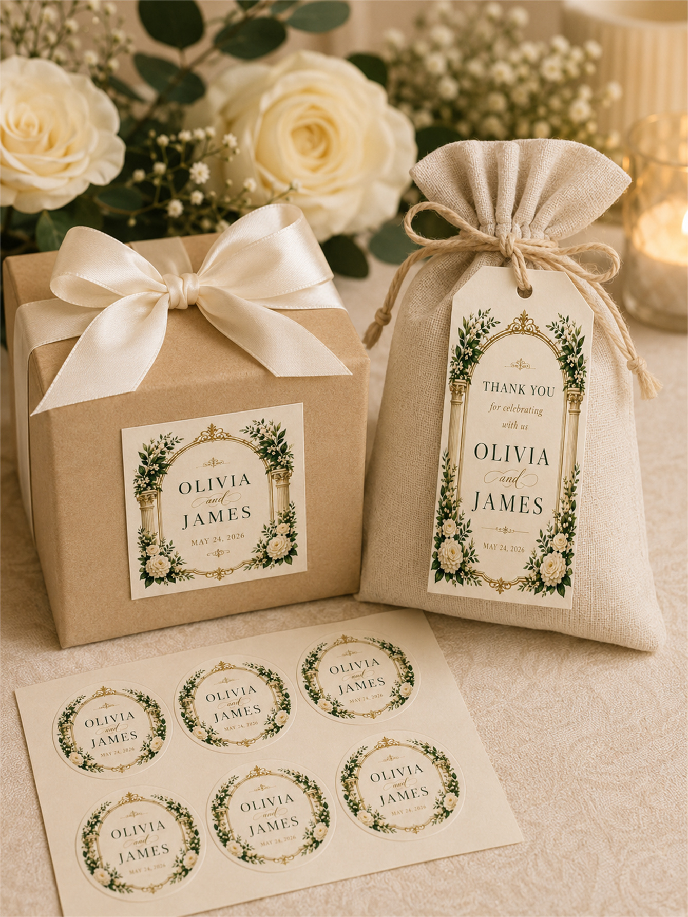 Luxurious ivory and gold wedding decorations - floral arch designs with white roses and classical column elements - custom names and dates